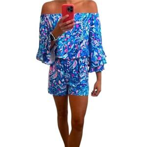 Lilly Pulitzer Off The Shoulder Calla Romper Size XXSMALL Blue Colorful
